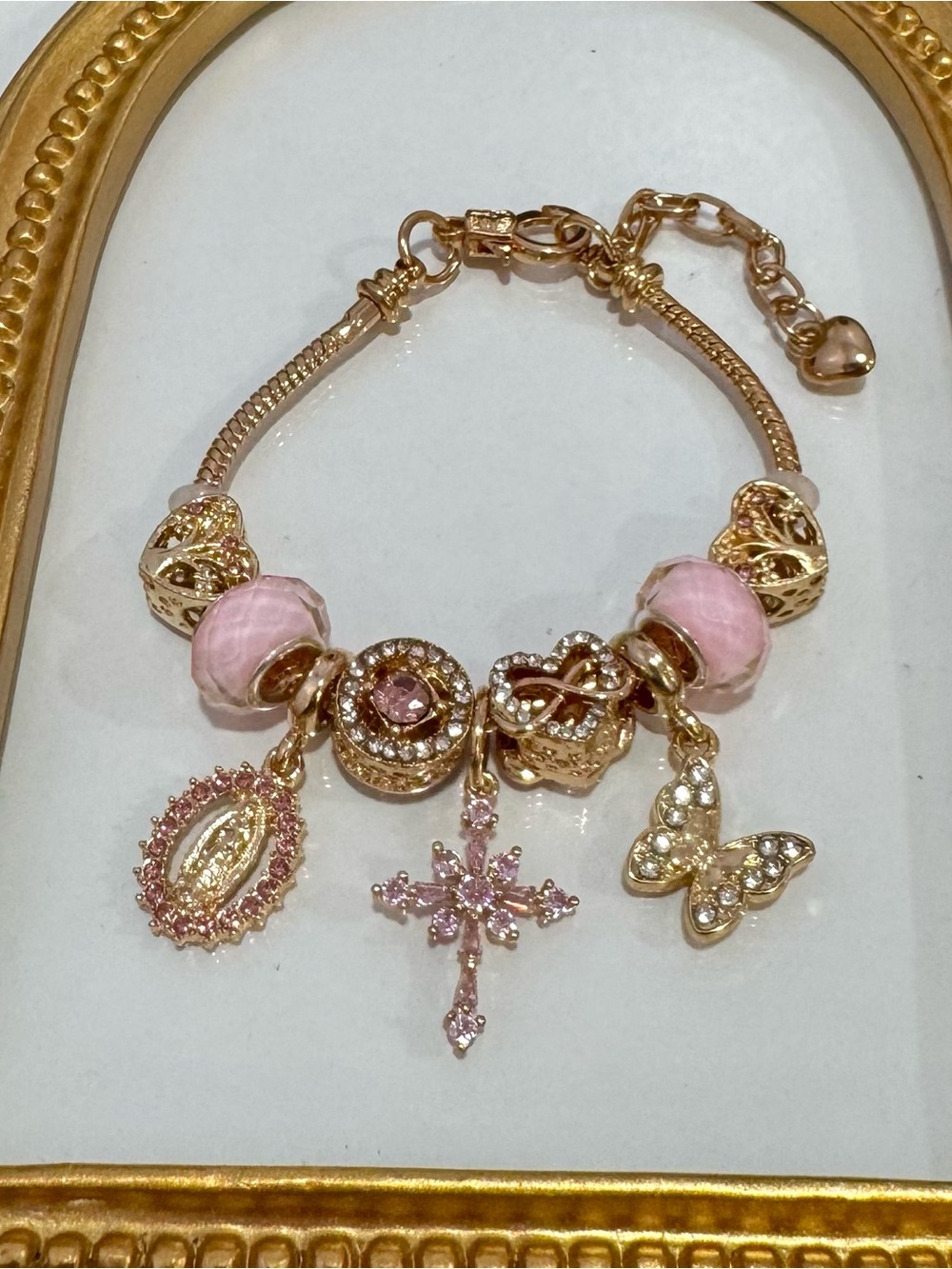 New Gold-Tone Pink Charm Bracelet with Cross, Butterfly & Heart Accents
